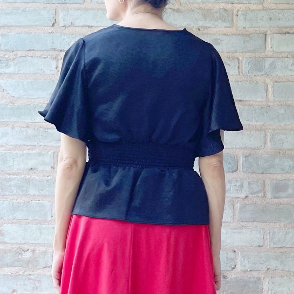 Express Satin Top Black Silky Flutter Smocked Butterfly Blouse Peplum Stretch - Picture 2 of 14